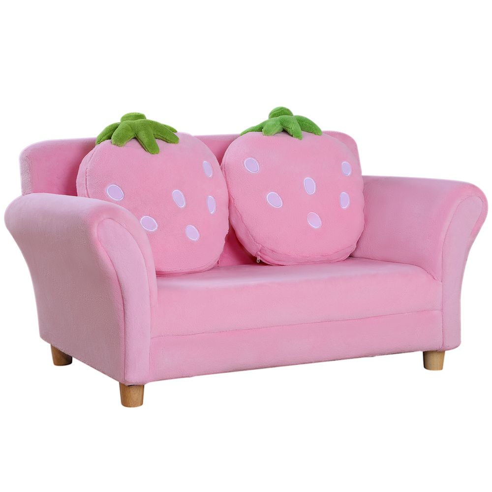 Barnesofa med 2 jordbærputer - rosa og grønn