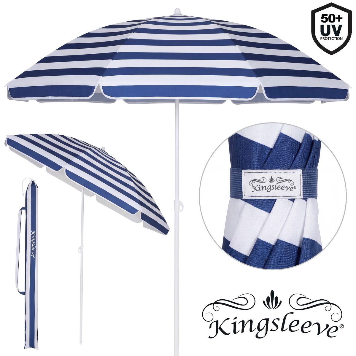 Strandparasoll KYPROS 180cm med vippefunksjon - blå/hvit