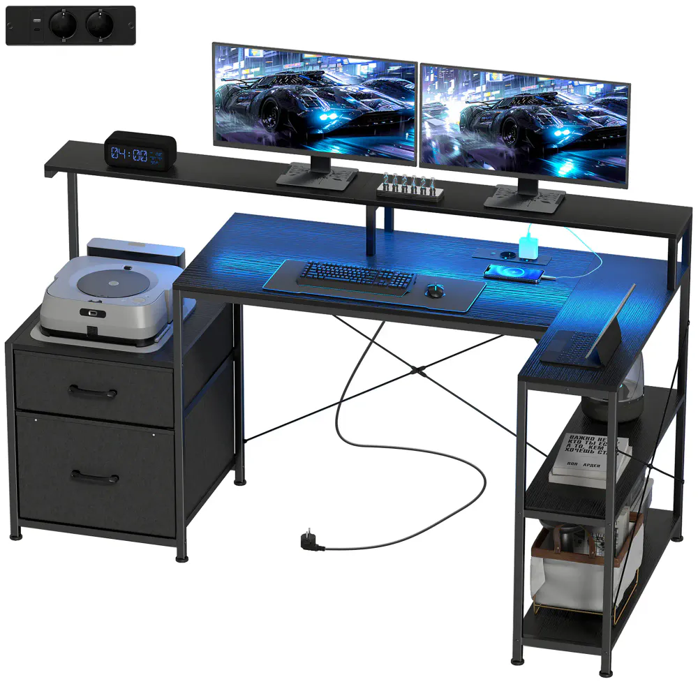 L-formet gamingbord / skrivebord med LED og USB-C