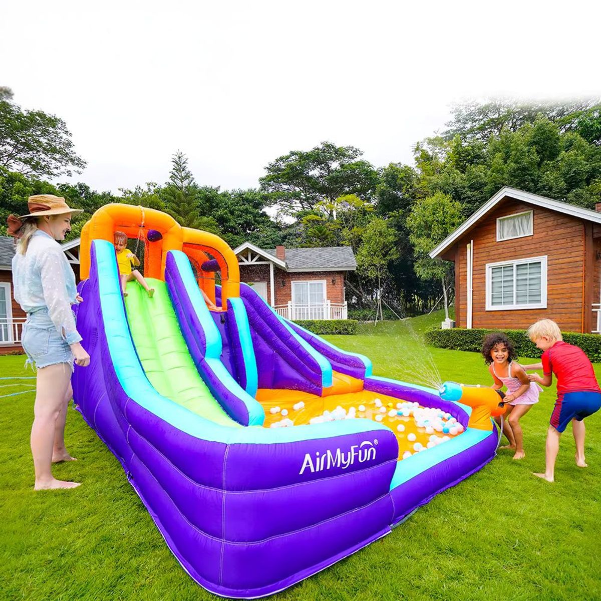 AirMyFun Double Slide 83006 Oppblåsbar Hoppeslott – Med dobbel sklie, vannlek og klatrevegg