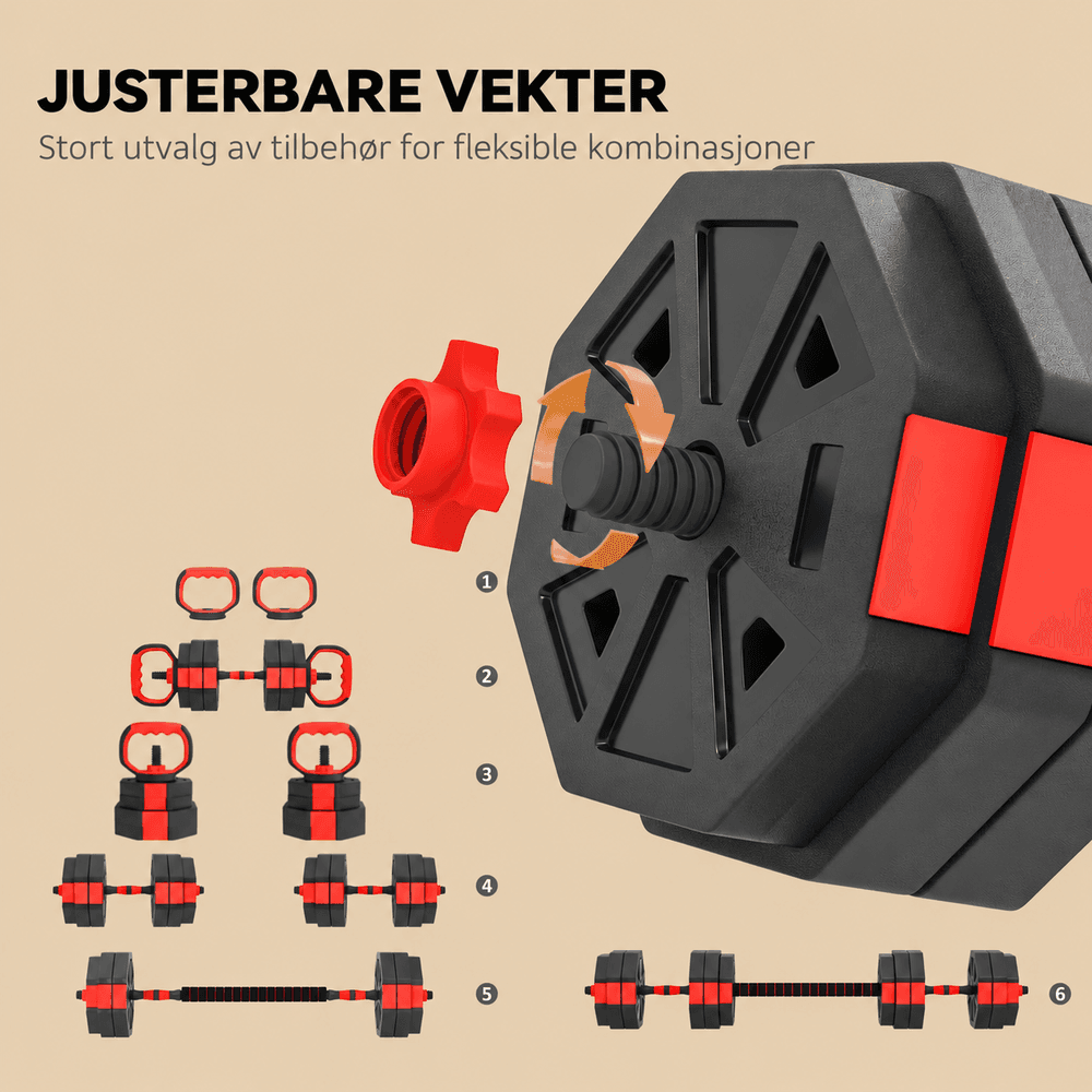 6-i-1 justerbart manualsett 30 kg med manualer og vektstang