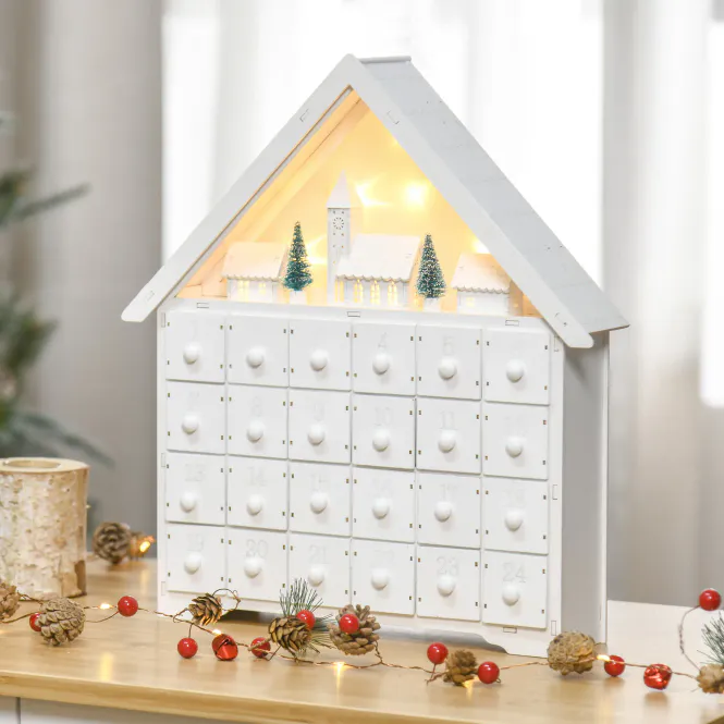 Hovedbilde Adventskalender med 24 skuffer og LED-lys – hvit