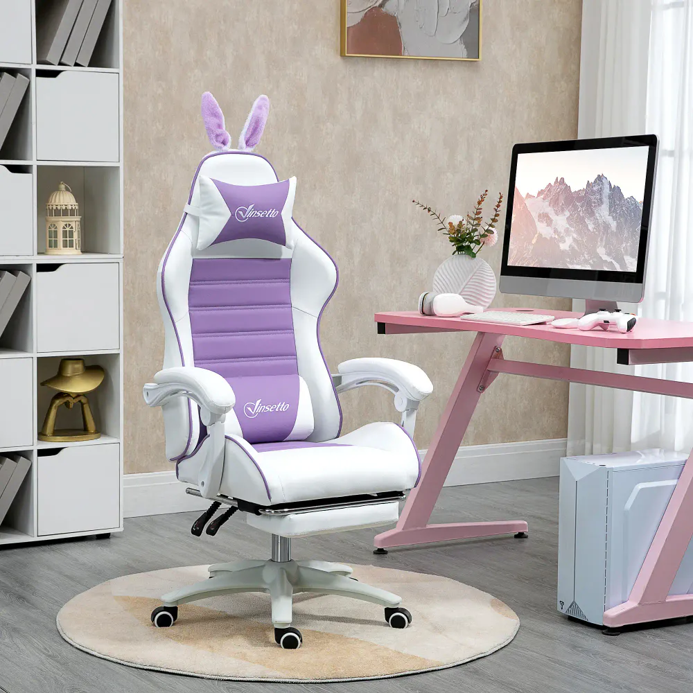 Gamingstol med kaninører og fotstøtte – rosa/lilla
