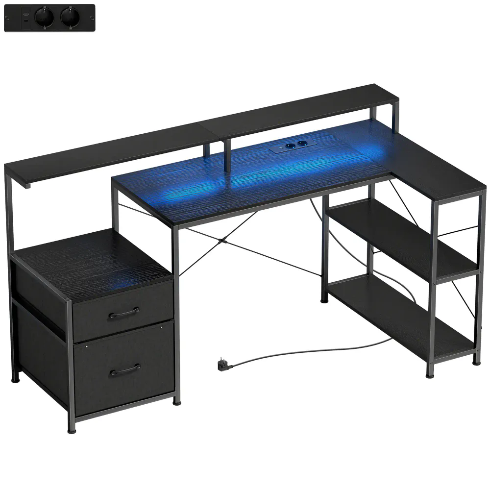 L-formet gamingbord / skrivebord med LED og USB-C