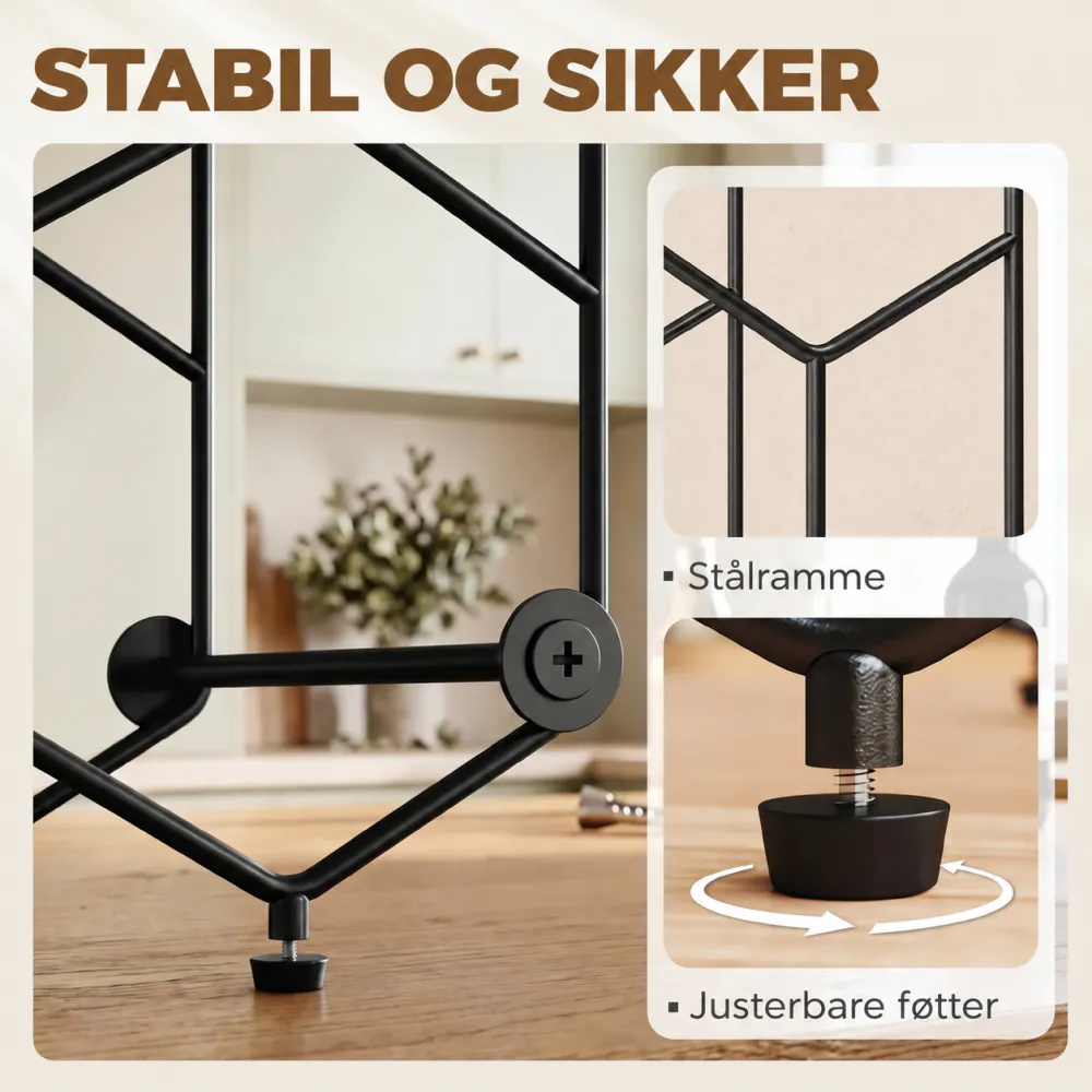 Svart vinreol i metall til 13 flasker
