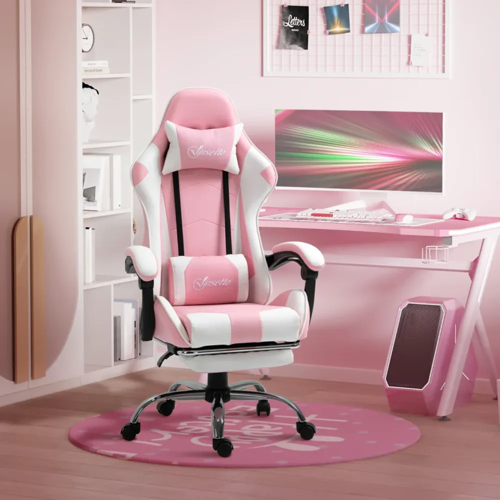 Gamingstol med fotstøtte – rosa og hvit