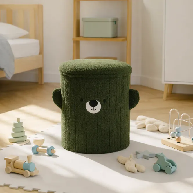 Hovedbilde Barnepuff med oppbevaring grønn «Bamse» - 28x28x34 cm