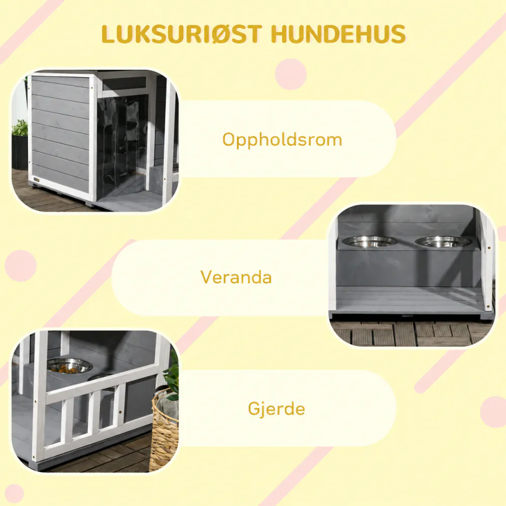Hundehus i heltre med veranda og 2 fôrskåler