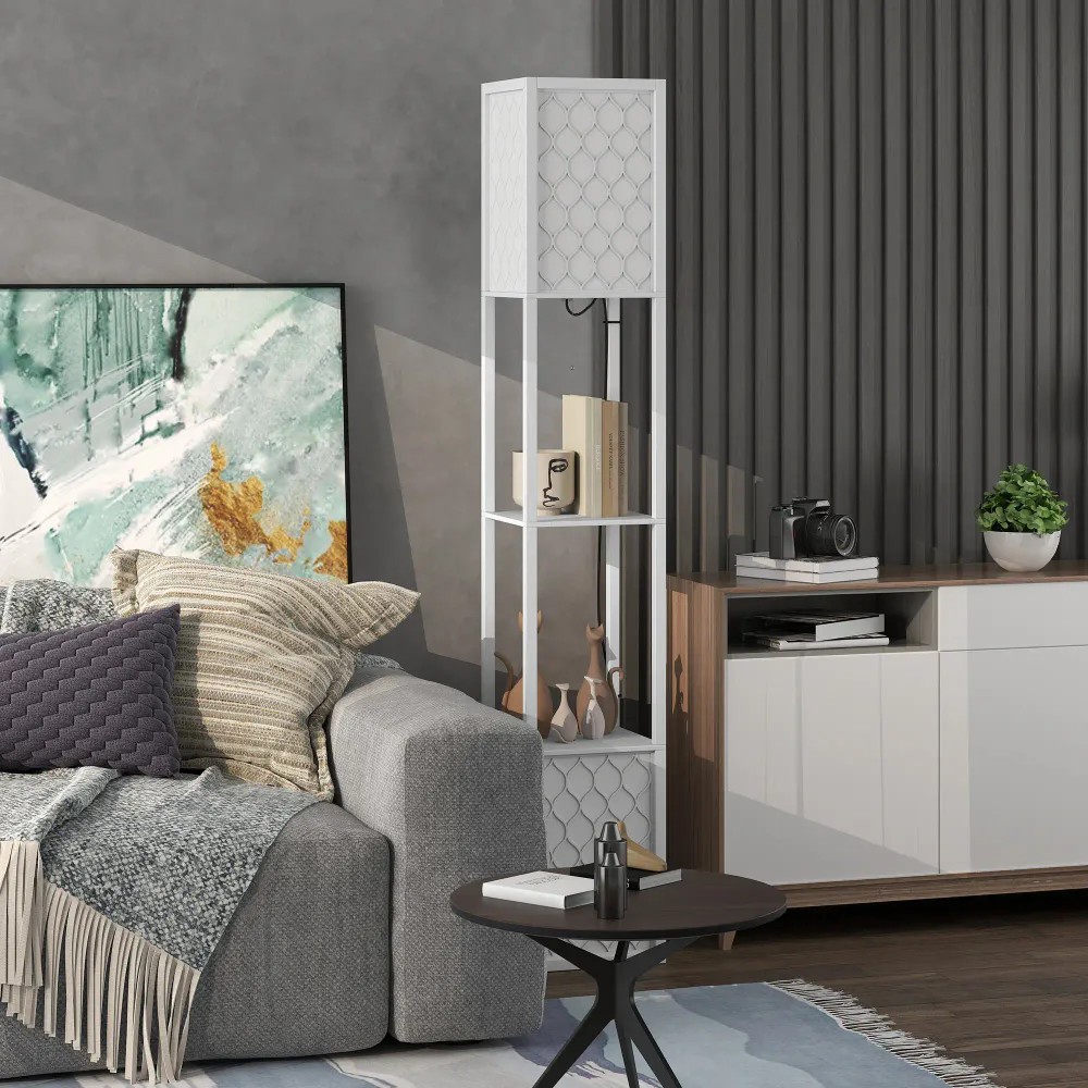 Gulvlampe med to hyller og stoffskjerm 156 cm - fargevalg