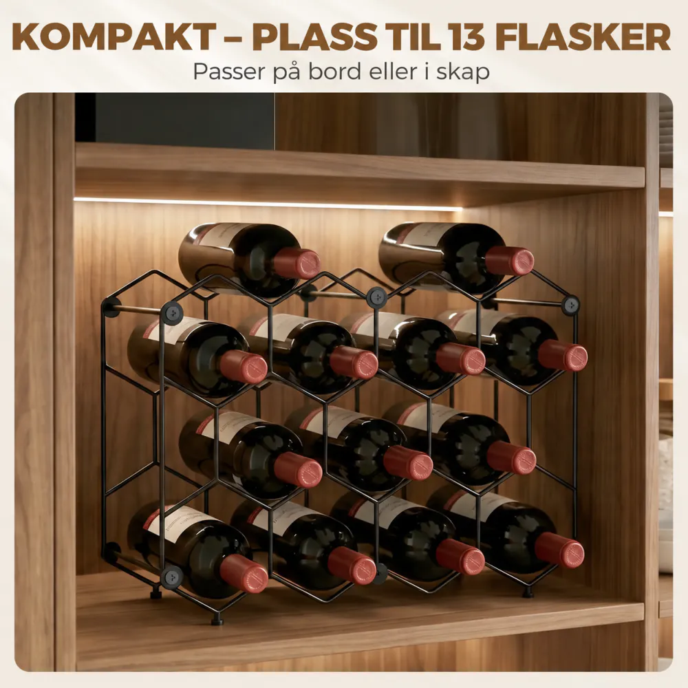 Svart vinreol i metall til 13 flasker