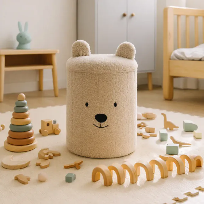 Hovedbilde Barnepuff med oppbevaring beige «Bamse» - 28x28x34 cm