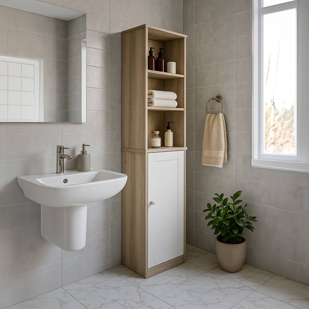 Baderomsskap i brun og hvit