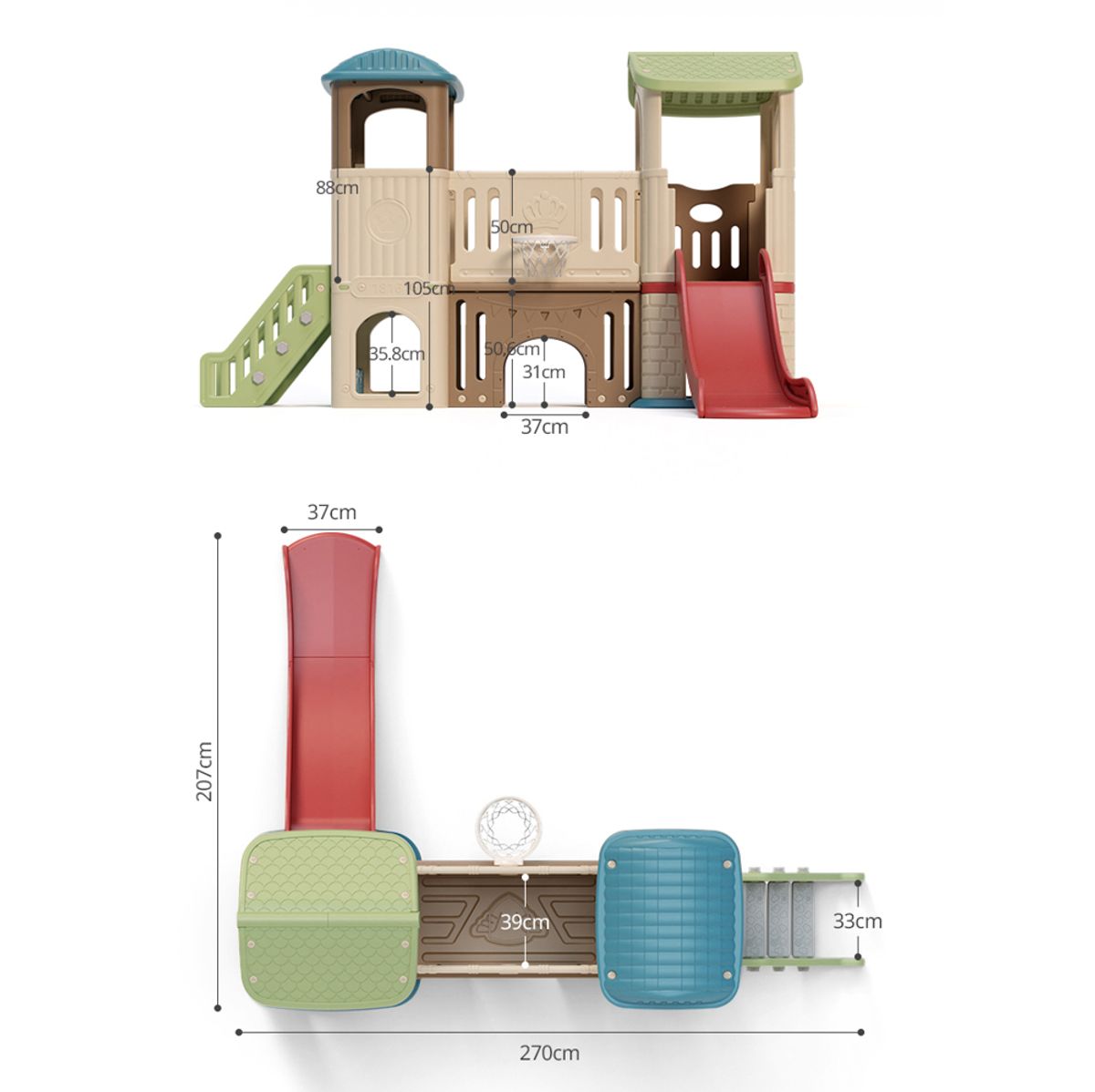 Innendørs lekehus inSPORTline Terkino - sklie, bro og basketballkurv