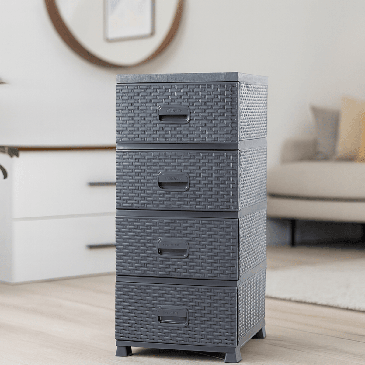 Kommode 4 skuffer rottinglook - brun/grå 38x45x90 cm