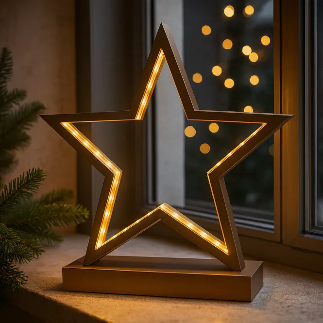 Hovedbilde LED lys stjerne - brunt tre - 25x26cm