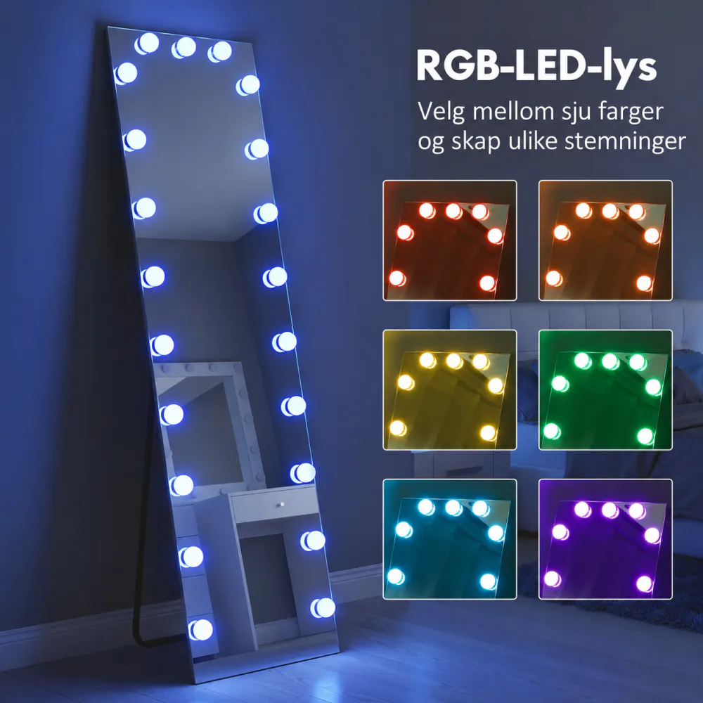 Helfigurspeil med RGB-lys og Hollywood-pærer - 150 cm