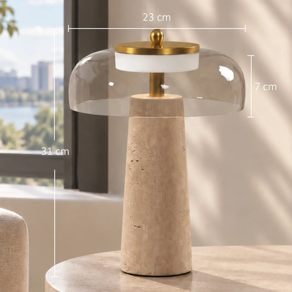 Bordlampe med travertinfot og ravfarget glass