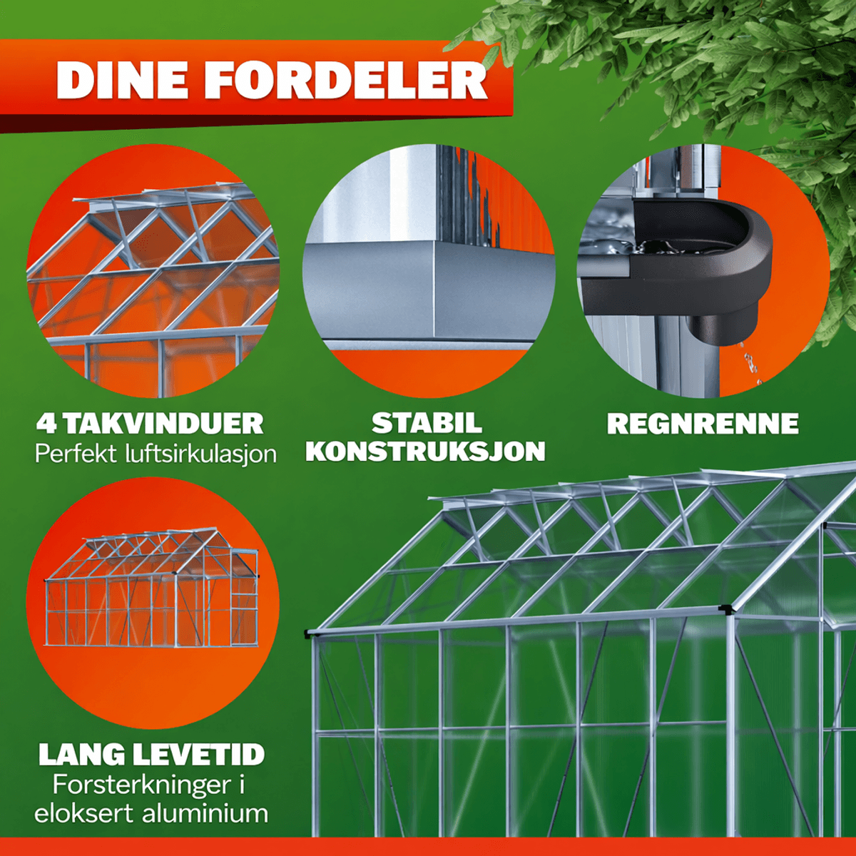 Drivhus 380x190 cm 7,22m2 med fundament og 4 vinduer