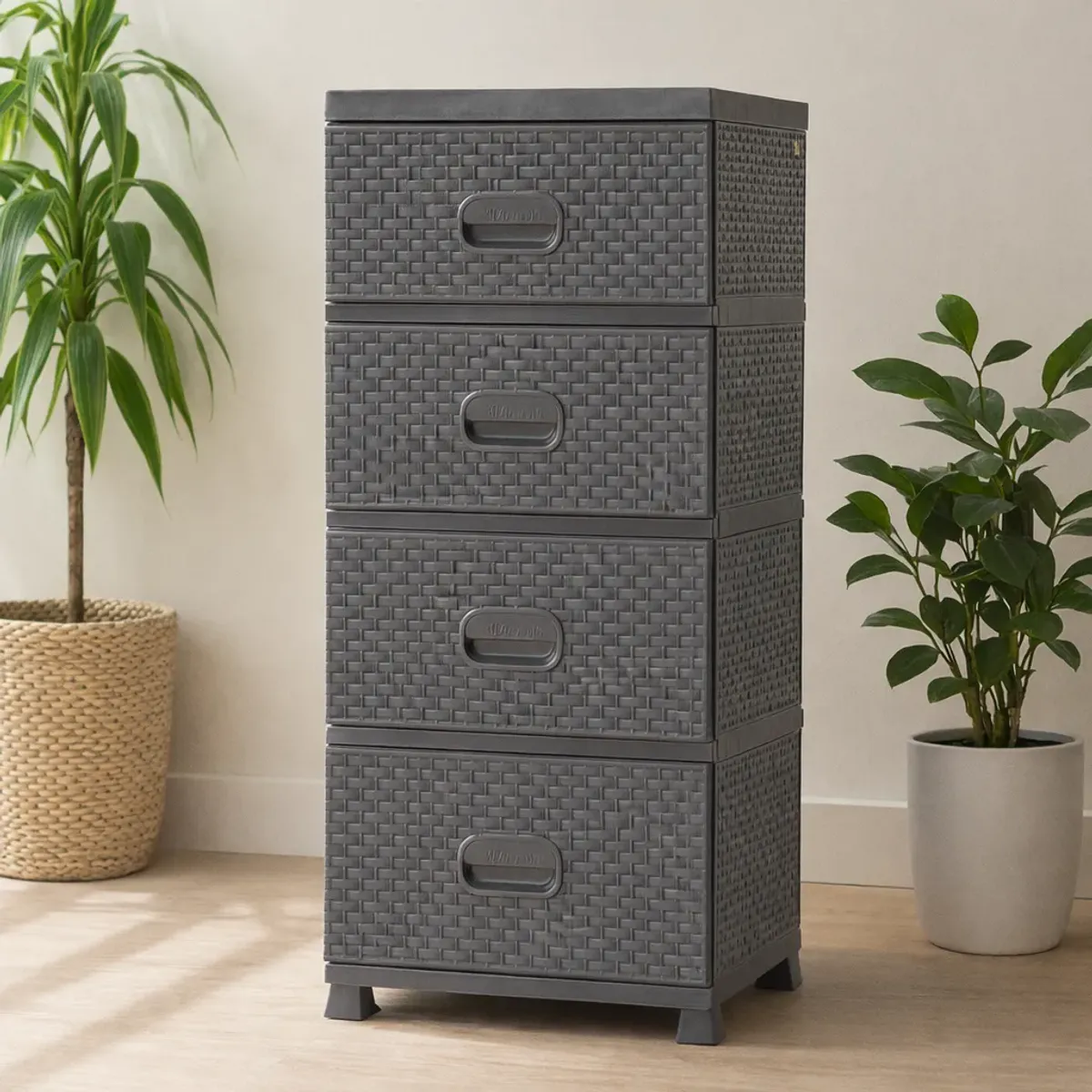 Kommode 4 skuffer rottinglook - brun/grå 38x45x90 cm