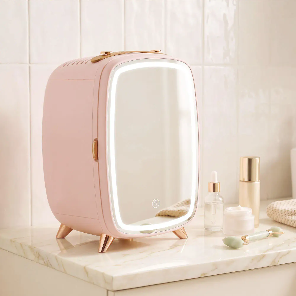 Minikjøleskap med LED-speil - 6L - rosa/hvit