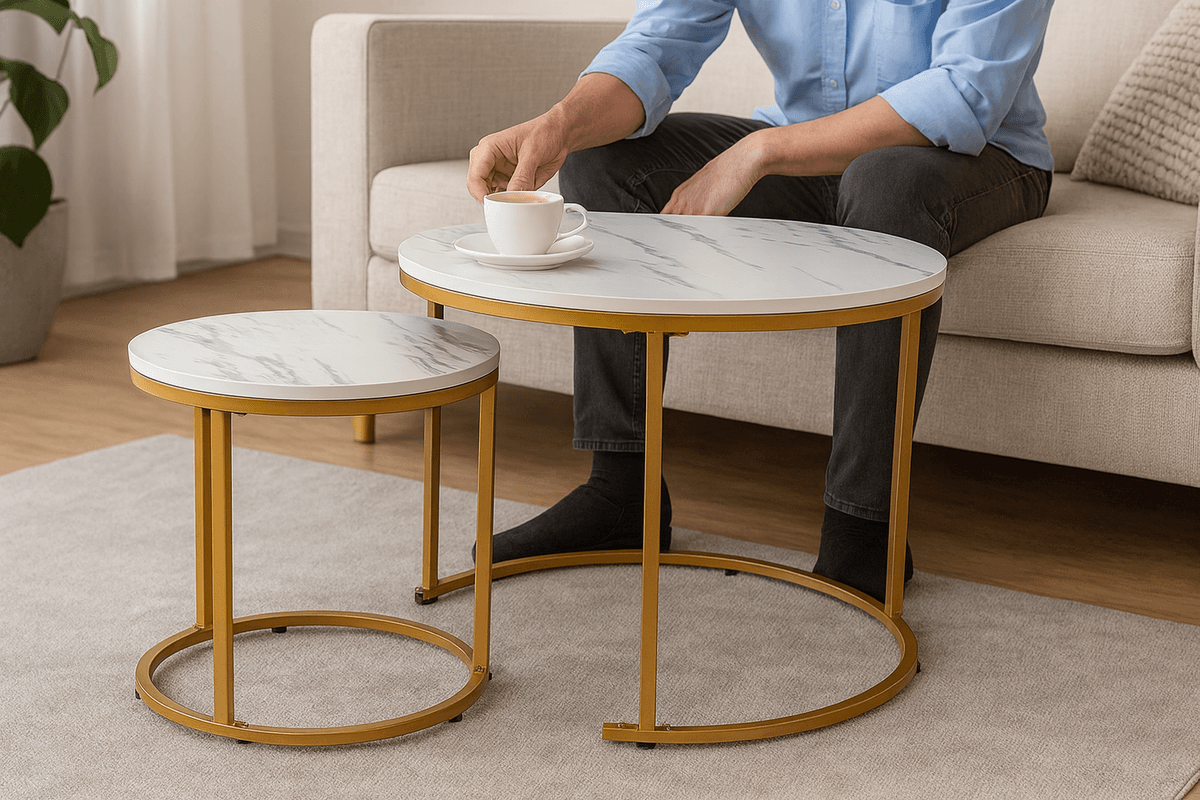 Sofabord 2 stk i marmorlook - hvit og gull