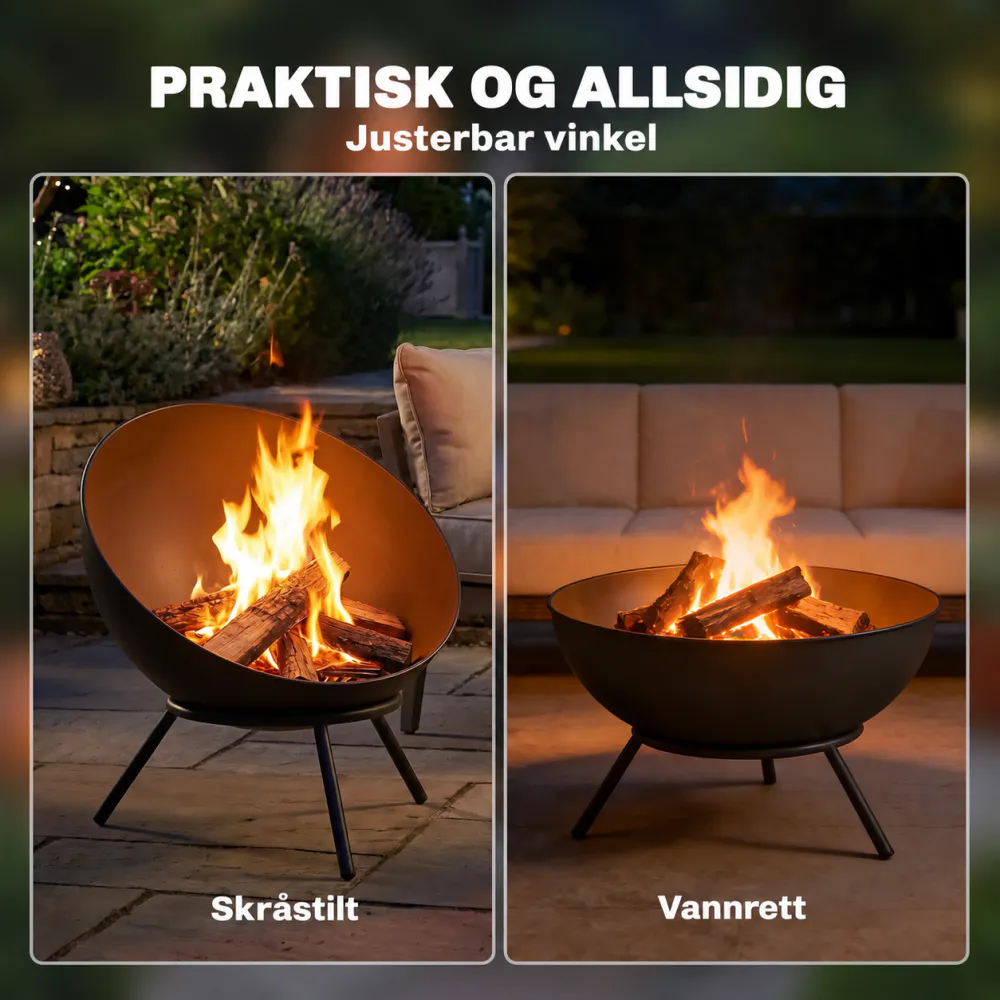 Rund bålpanne med stativ og ildrake - sort