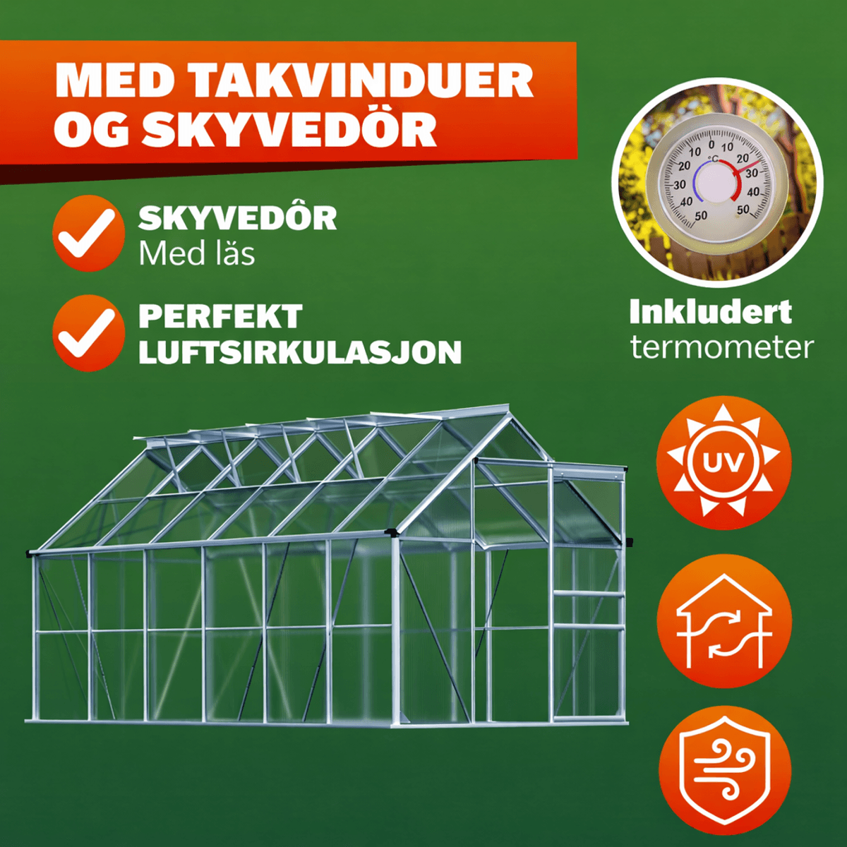 Drivhus 380x190 cm 7,22m2 med fundament og 4 vinduer