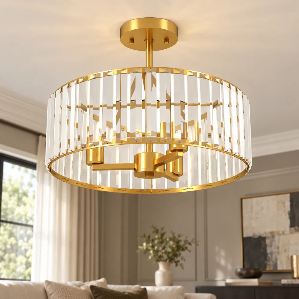 Taklampe med krystall i gulltone - Ø39 cm