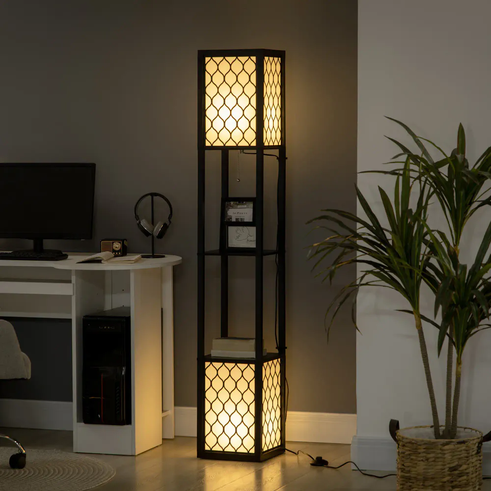 Gulvlampe med to hyller og stoffskjerm 156 cm - fargevalg