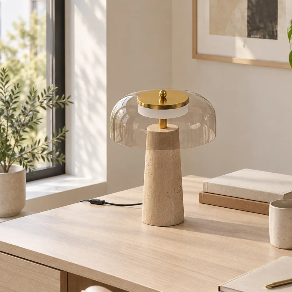 Bordlampe med travertinfot og ravfarget glass