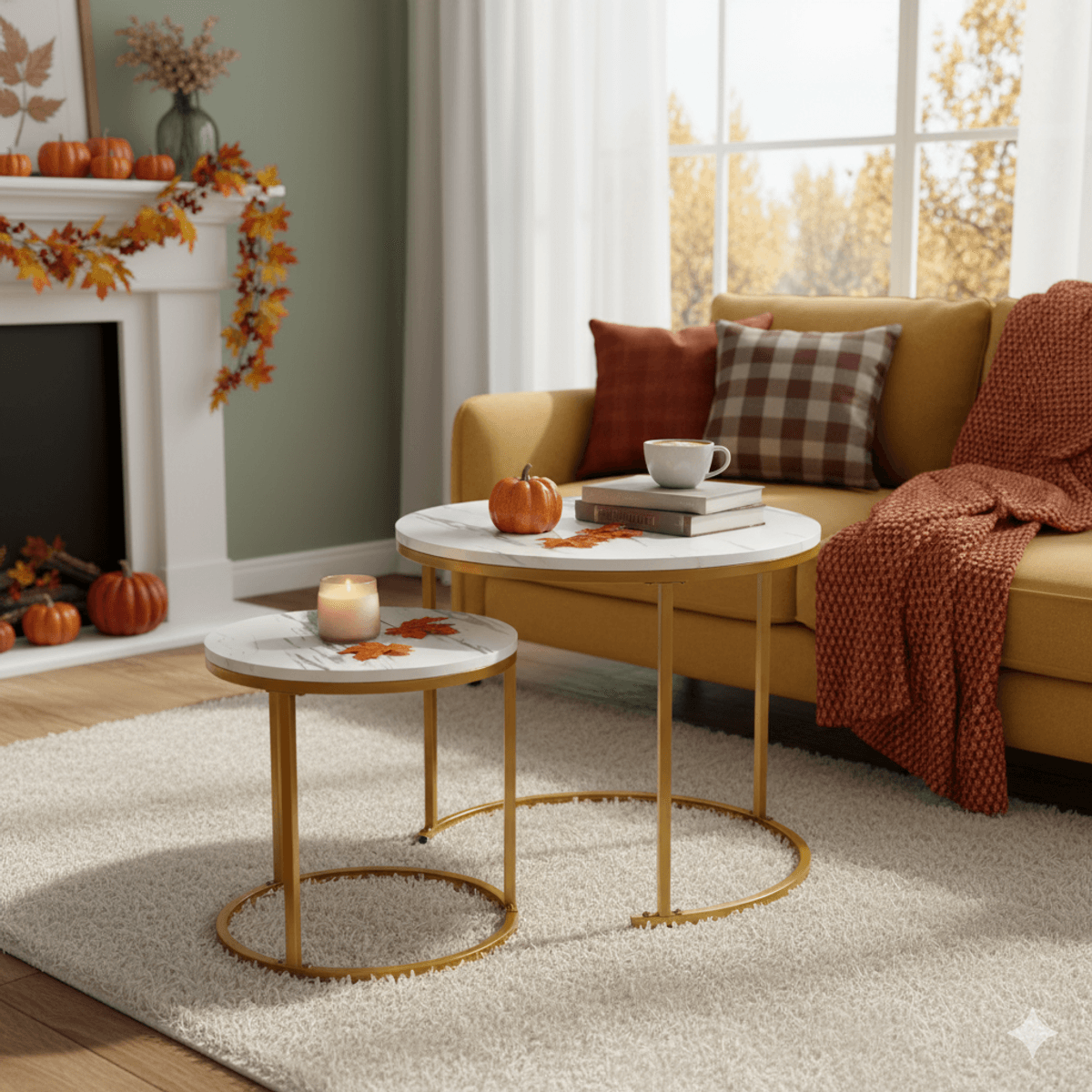 Sofabord 2 stk i marmorlook - hvit og gull