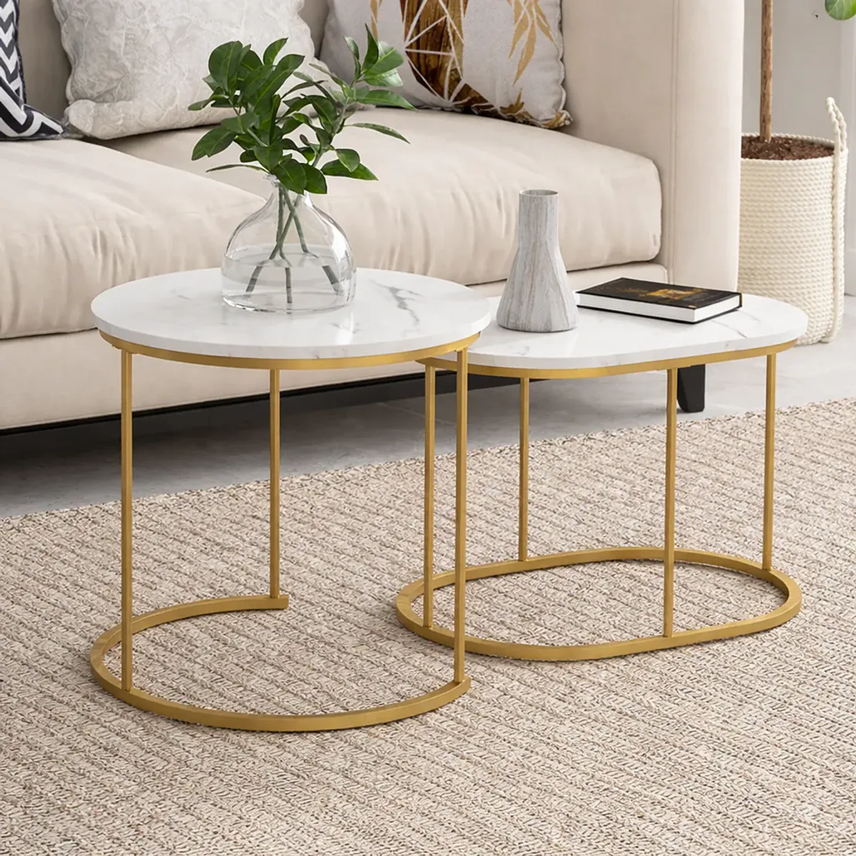 Sofabord sett 2 deler - marmor hvit/gullramme