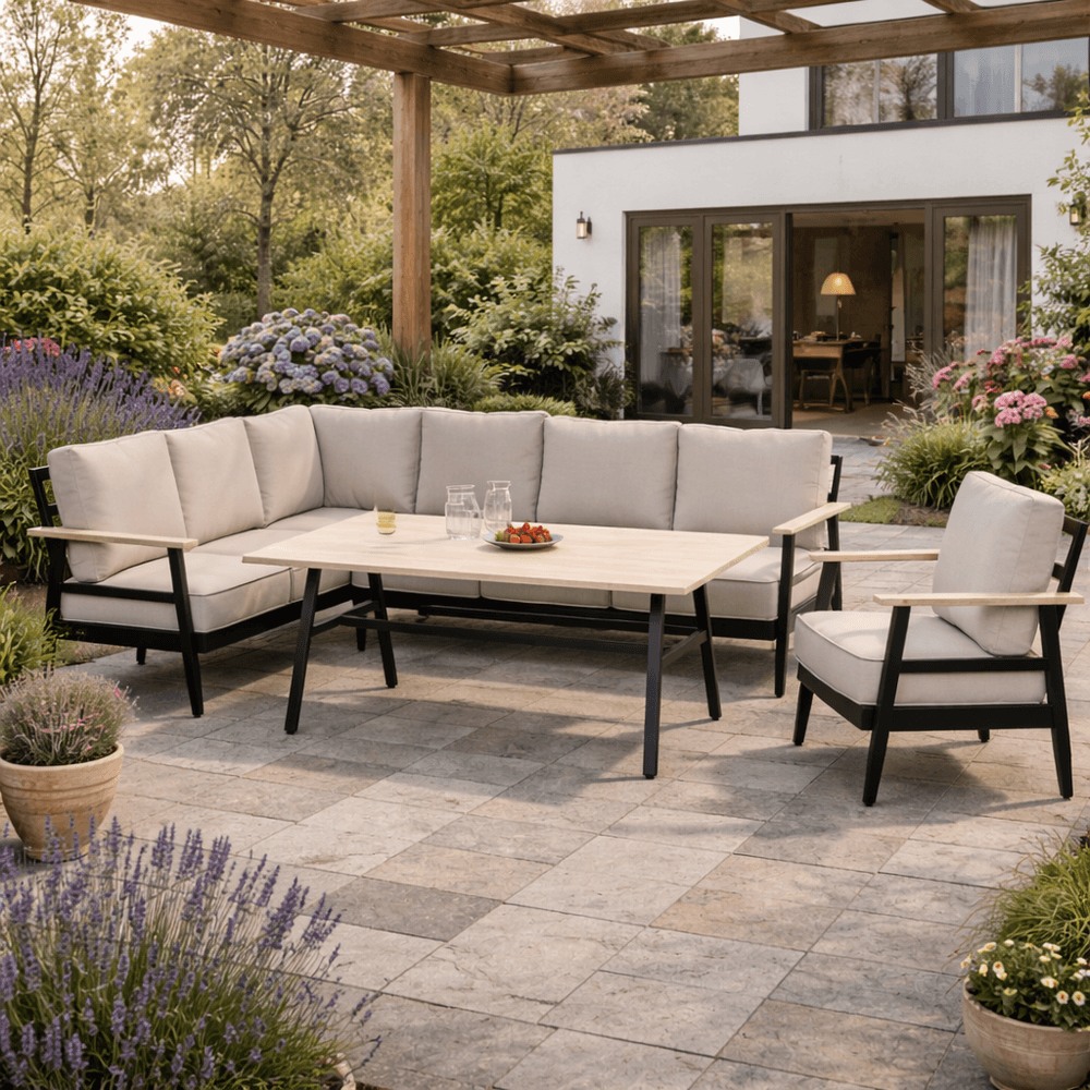 Aluminiums loungesett 5 deler med varmeoverføringstrykk – beige med puter